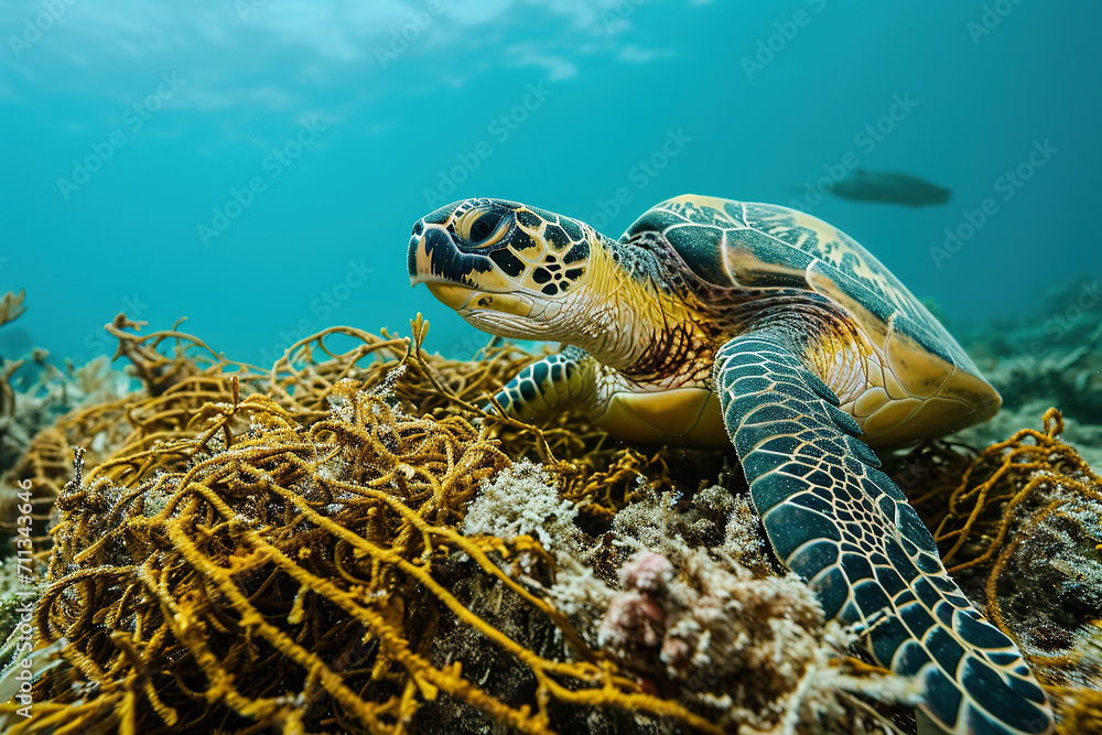 Obraz premium Turtles caught in fishing nets