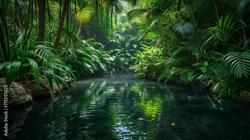 A hidden freshwater lagoon surrounded by dense tropical foliage © MagicS