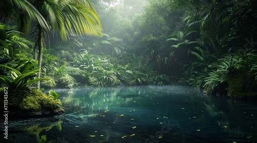 A hidden freshwater lagoon surrounded by dense tropical foliage