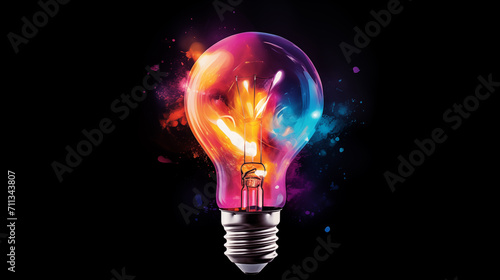 Colorful glowing idea light bulbs On a black background, the concept of innovation and creativity Symbol of inspiration, invention, effective thinking