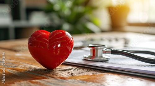 Heart and stethoscope on the table with a medical document, healthy heart concept, image of healthcare and medical institutions photo