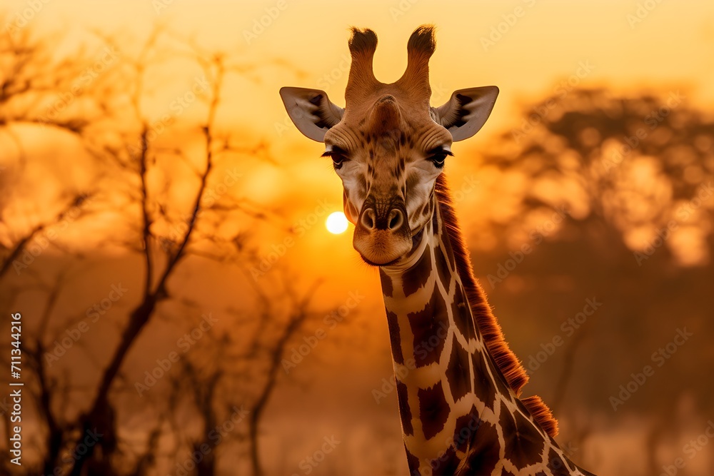 Giraffe in der afrikanischen Savanne, Sonnenaufgang, erste Lichtstrahlen, Tierfotografie, erstellt mit generativer KI