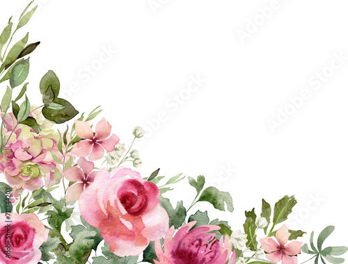 Floral corner bouquet. Watercolor border frame with pink roses and greenery isolated on transparent background. Loose flowers illustration for invitation, wedding or greeting cards. Trendy design
 #711344203