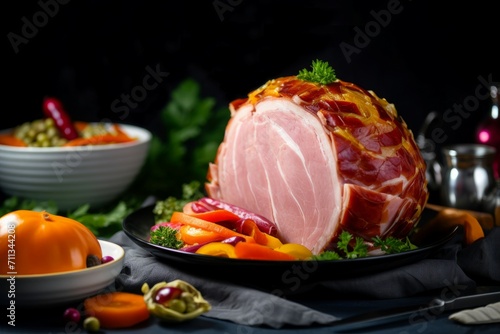 Cooked ham with colorful fresh vegetables. Gastronomic appetizer food roasted meat. Generate ai