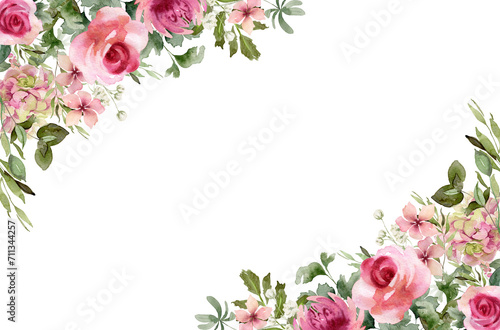Floral corner bouquet. Watercolor border frame with pink roses and greenery isolated on transparent background. Loose flowers illustration for invitation, wedding or greeting cards. Trendy design
 photo