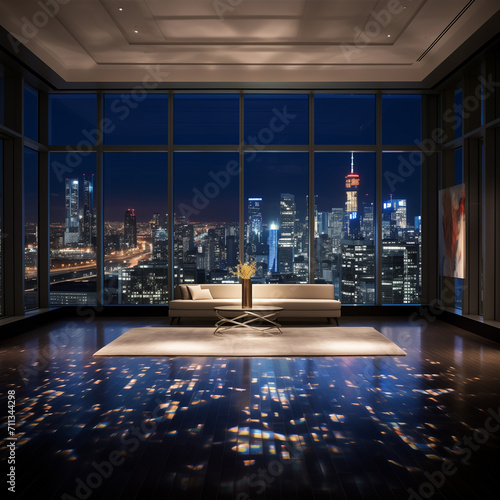 modern living room with a view of the city, 3d render © nadyaning