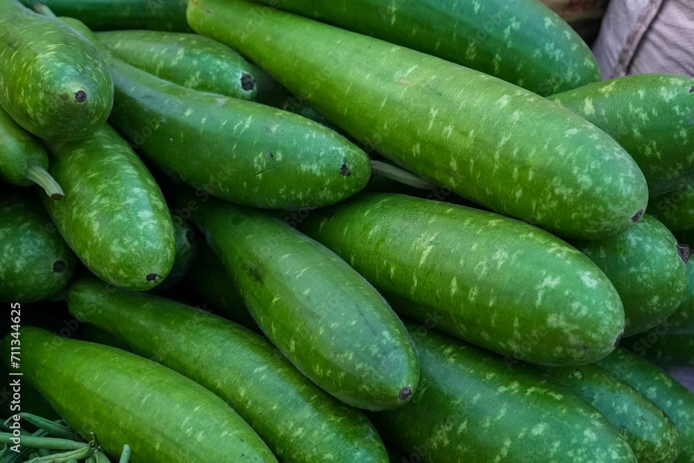 Large quantity of fresh cucumbers neatly arranged and stacked on a table Large quantity of fresh cucumbers neatly arranged and stacked on a table