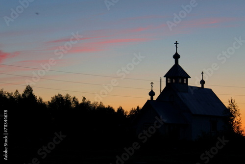 Varvara Church against the backdrop of the sunset sky. Belomorsk, Republic of Karelia. Russia.