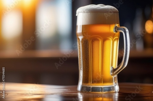 A glass of beer on a dark blurred background. Beer place for text