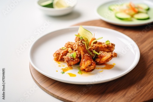 sweet chili chicken wings alongside cucumber slices