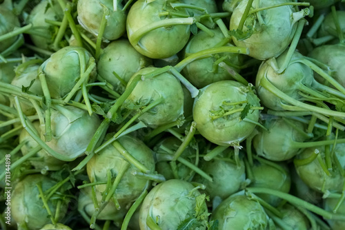 Close-up of fresh green German kohlrabi cabbage, a delectable vegetable ready for consumption