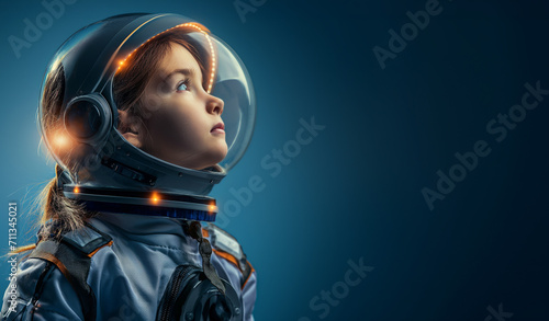 Fotografia Young girl in a space suit wearing helmet like the cosmonaut isolated on blue ba