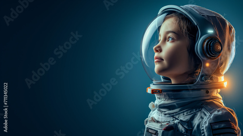 Young girl in a spacesuit wearing helmet like the cosmonaut isolated on blue background, conceptual of imagination and dream career, generative AI