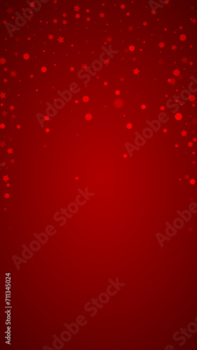 Beautiful snowfall christmas background. Subtle flying snow flakes and stars on christmas red background. Beautiful snowfall overlay template. Vertical vector illustration.