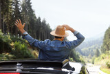 Enjoying trip. Man leaning out of car roof outdoors, back view
