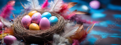 Easter eggs, feathers in a nest on a blue wooden background. Card with a copy of the place for the text.