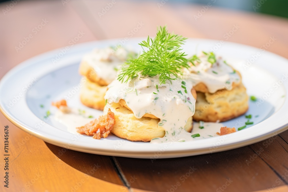 biscuits and gravy on a plate with a parsley garnish biscuits and gravy on a plate with a parsley garnish