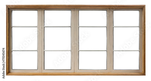 Very aged wooden window frame with cracked paint on it  mounted on a grunge wall. PNG  cutout  or clipping path.  