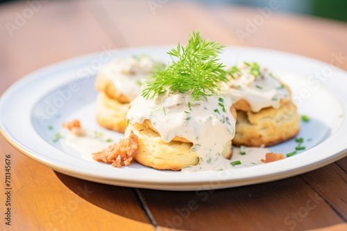 biscuits and gravy on a plate with a parsley garnish