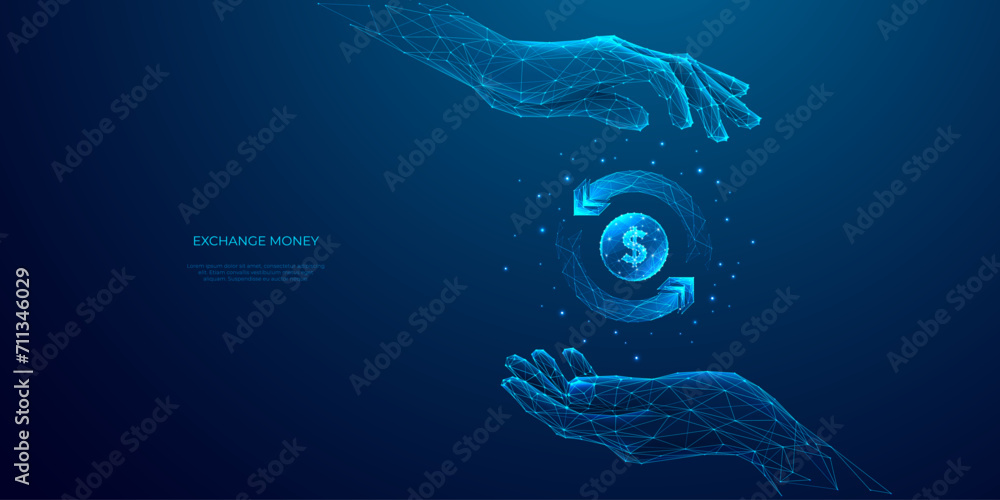 Abstract money exchange. Two hands holding digital coin with circular arrows. Cashback or cash return metaphor. Money transfer or return. Low poly vector illustration with 3D effect on blue background - obrazy, fototapety, plakaty 