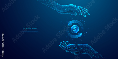 Abstract money exchange. Two hands holding digital coin with circular arrows. Cashback or cash return metaphor. Money transfer or return. Low poly vector illustration with 3D effect on blue background