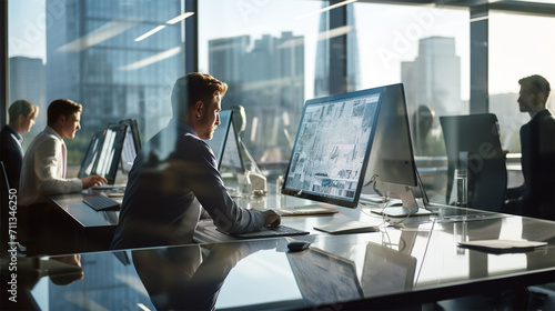 open space in a modern corporate office where business people are working on their laptops. Window reflections. Business and entrepreneurship concept. 