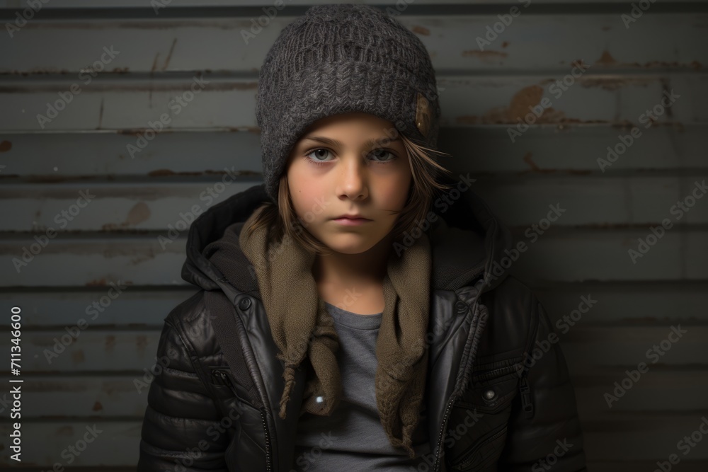 Teenage girl in a winter hat and jacket on a wooden background Teenage girl in a winter hat and jacket on a wooden background