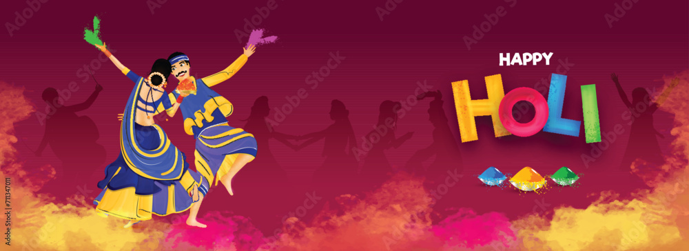 Pink and Yellow Color Splashing Background with Dancing Couple Character on The Occasion of Holi Celebration Concept. Can Be Used Design as a Header or Banner.