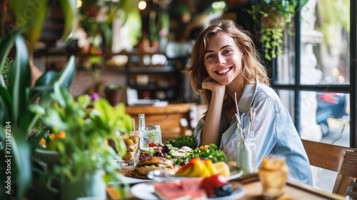 smiling young woman eating healthy food in a restaurant