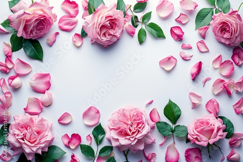 Top view of pink roses, isolated background, pink roses, pastel, with free space. Wedding invitation card. Thank you. Holiday concept. Valentine's Day or Mother's Day.