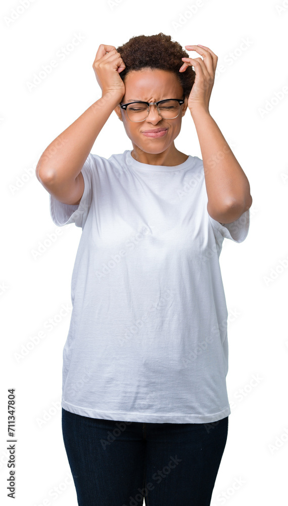 Beautiful young african american woman wearing glasses over isolated background suffering from headache desperate and stressed because pain and migraine. Hands on head. Beautiful young african american woman wearing glasses over isolated background suffering from headache desperate and stressed because pain and migraine. Hands on head.