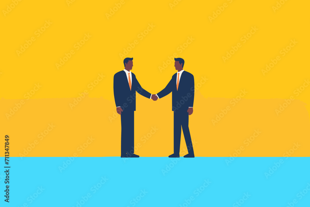 Meeting of businessmen and women. Vector cartoon illustration in a modern flat style of two busness men, women in suits shaking hands. Meeting of businessmen and women. Vector cartoon illustration in a modern flat style of two busness men, women in suits shaking hands.