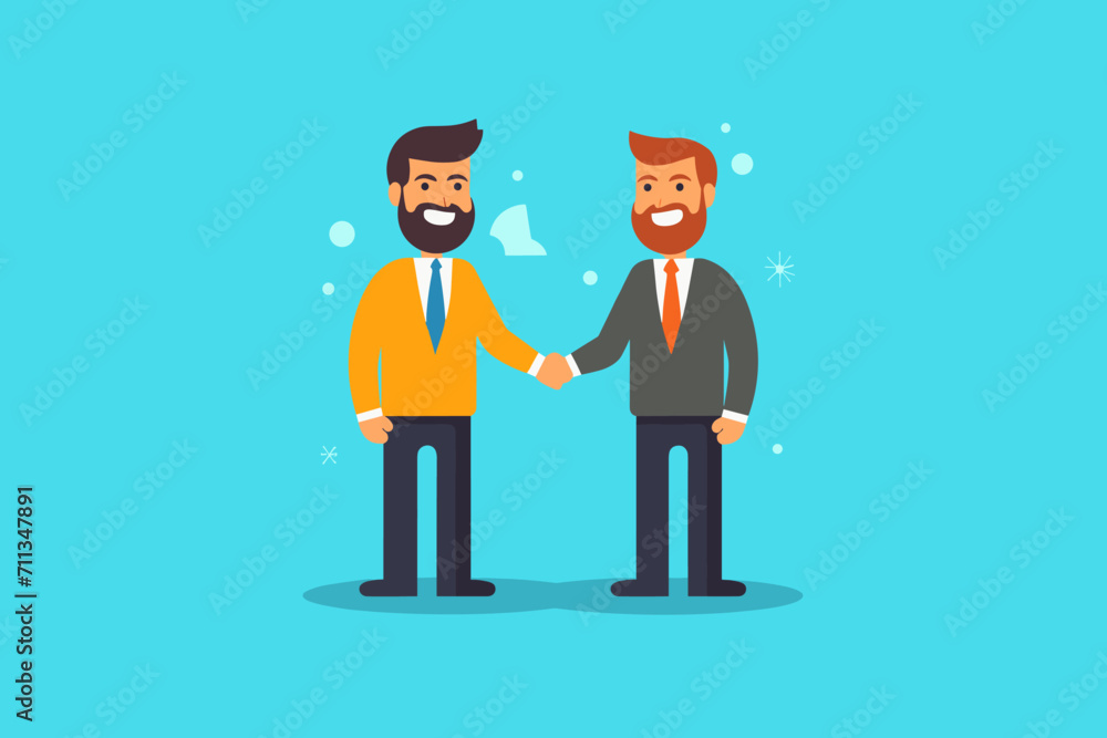 Meeting of businessmen and women. Vector cartoon illustration in a modern flat style of two busness men, women in suits shaking hands.