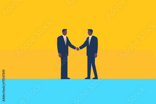 Meeting of businessmen and women. Vector cartoon illustration in a modern flat style of two busness men, women in suits shaking hands. photo