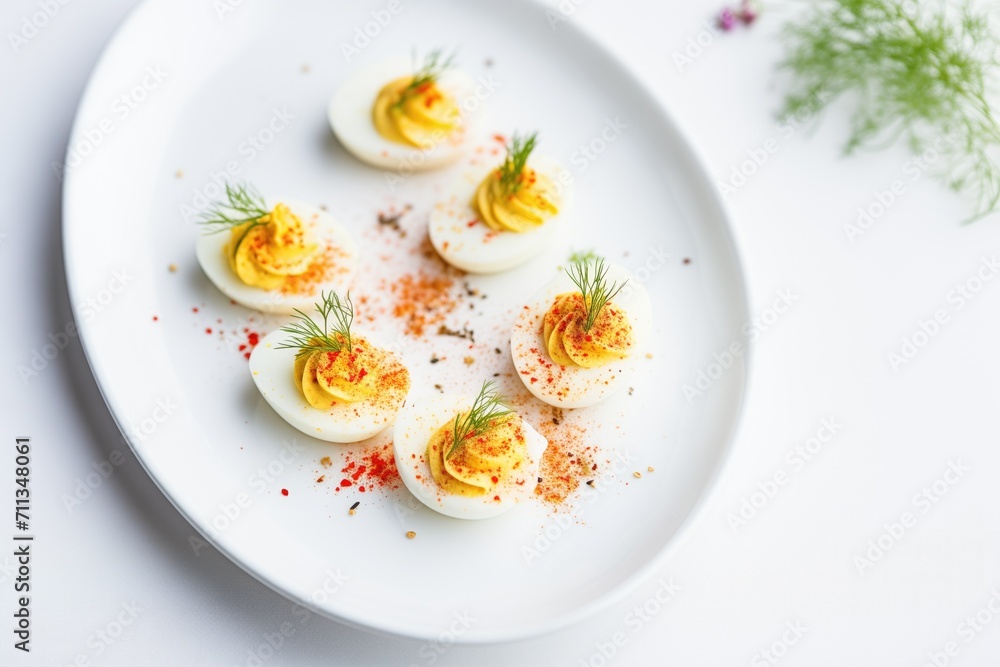 deviled eggs on a white platter with paprika sprinkles deviled eggs on a white platter with paprika sprinkles