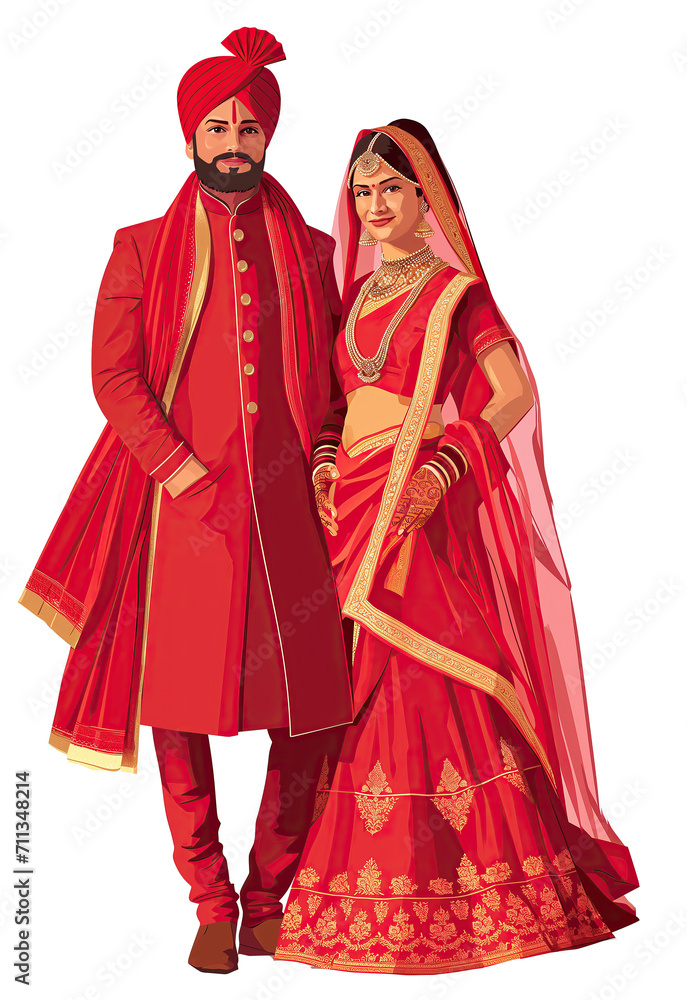 Indian wedding couple in traditional attire isolated on transparent background