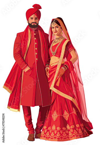 Indian wedding couple in traditional attire isolated on transparent background
