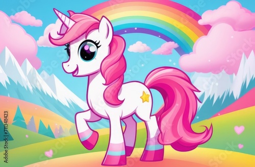 pink merry unicorn. pink unicorn on a background of rainbows and clouds 