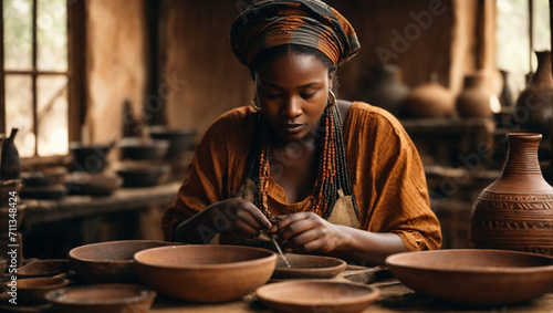 African Craftswoman creating handicraft crockery in workshop. Craftsmanship and entrepreneurship concept 