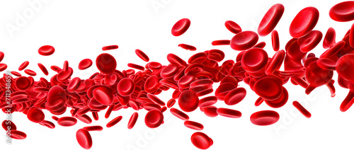 Stream of red blood cells in plasma, medical microscopic concept. Transparent background. photo