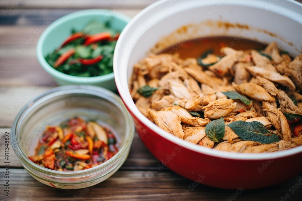 marinated chicken for fajitas beside a bowl of seasoning marinated chicken for fajitas beside a bowl of seasoning