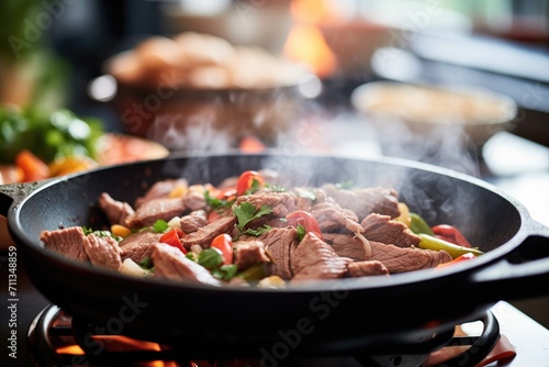close-up of sizzling fajitas with steam rising from skillet photo