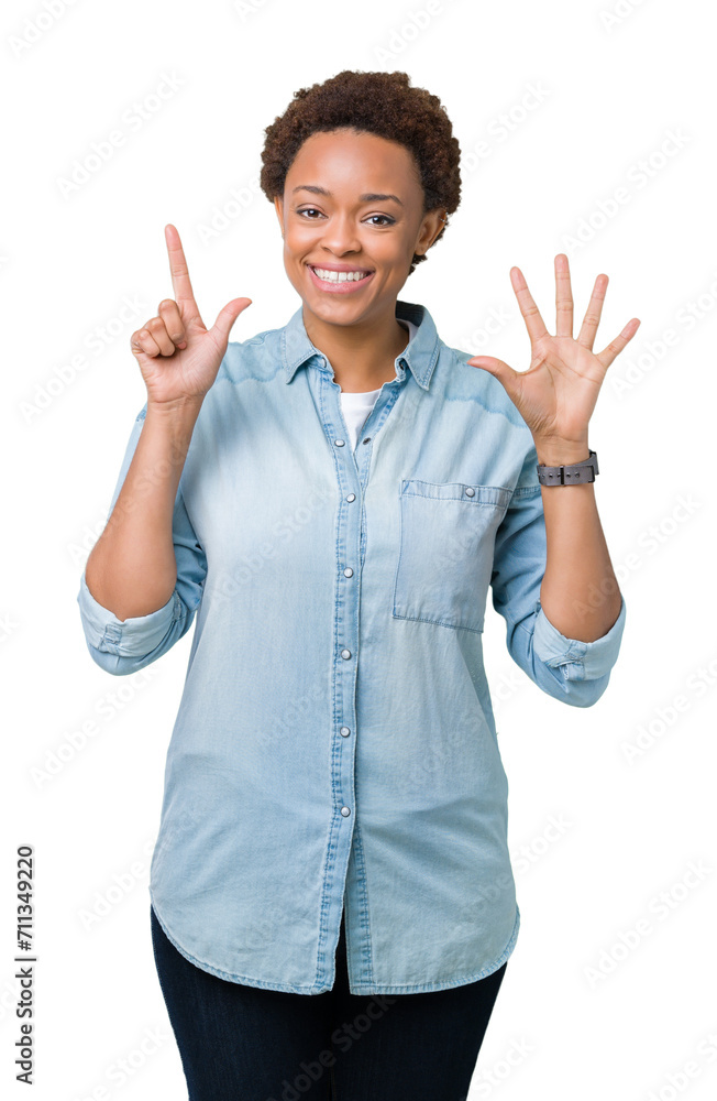 Young beautiful african american woman over isolated background showing and pointing up with fingers number seven while smiling confident and happy. Young beautiful african american woman over isolated background showing and pointing up with fingers number seven while smiling confident and happy.