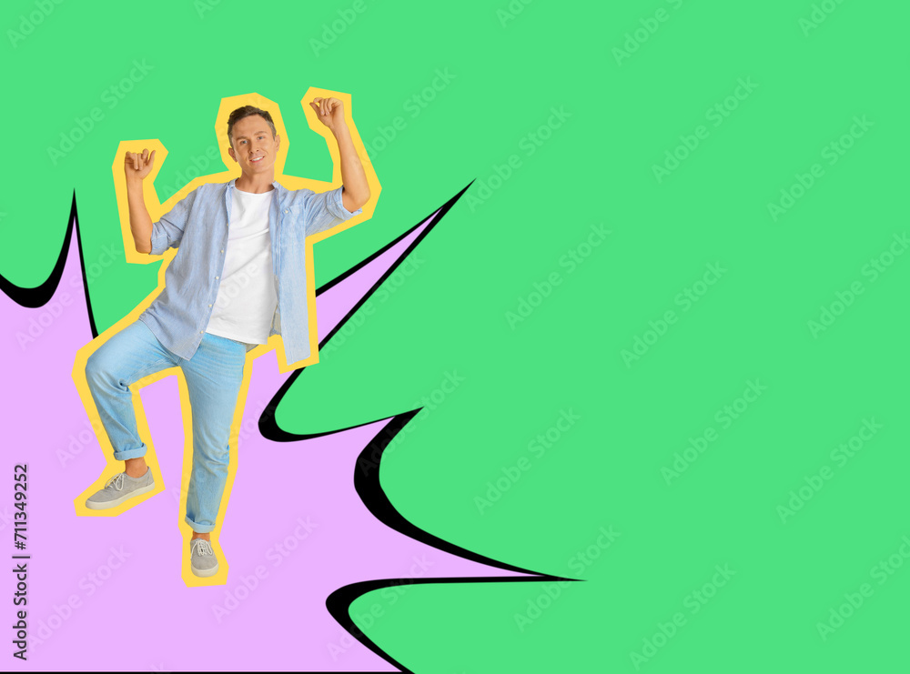 Pop art poster. Man dancing on bright comic style background. Space for text Pop art poster. Man dancing on bright comic style background. Space for text