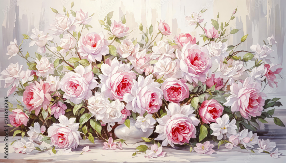 A painting of a vase filled with pink and white roses
