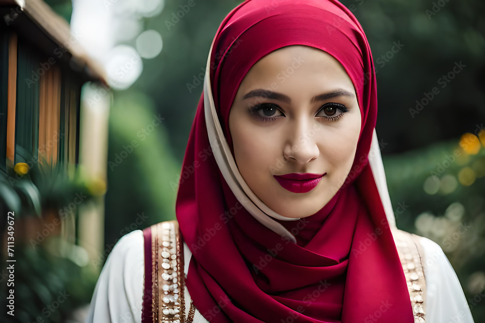 Portrait of beautiful young muslim arabian woman wearing white hijab ...