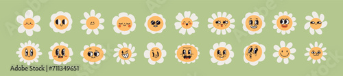 Groovy daisies set. Cute chamomile flower heads in retro 70s style. Floral faces, funny characters with happy emotions. Vintage comic camomile emojis. Isolated flat graphic vector illustrations