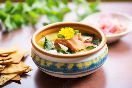 single serving of fattoush in a clay dish with lemon wedge photo