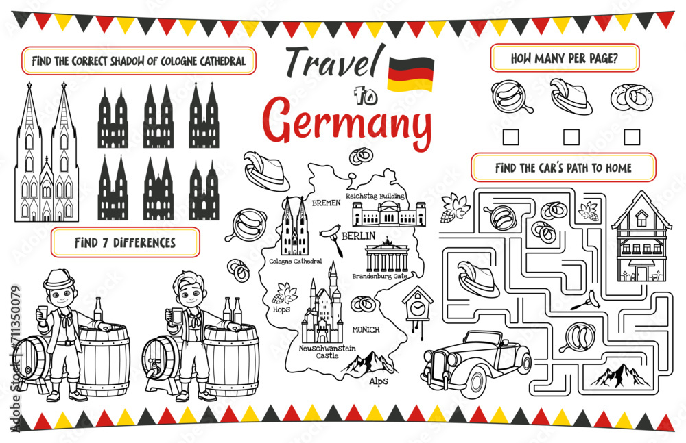 A fun holiday placemat for kids. Print out the “Travel to Germany” activity sheet with a labyrinth, find the differences, and find the same ones. 17x11 inch printable vector file