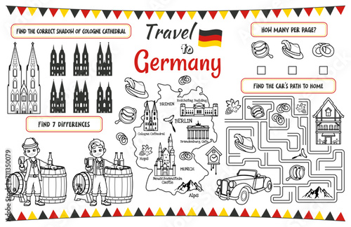 A fun holiday placemat for kids. Print out the “Travel to Germany” activity sheet with a labyrinth, find the differences, and find the same ones. 17x11 inch printable vector file